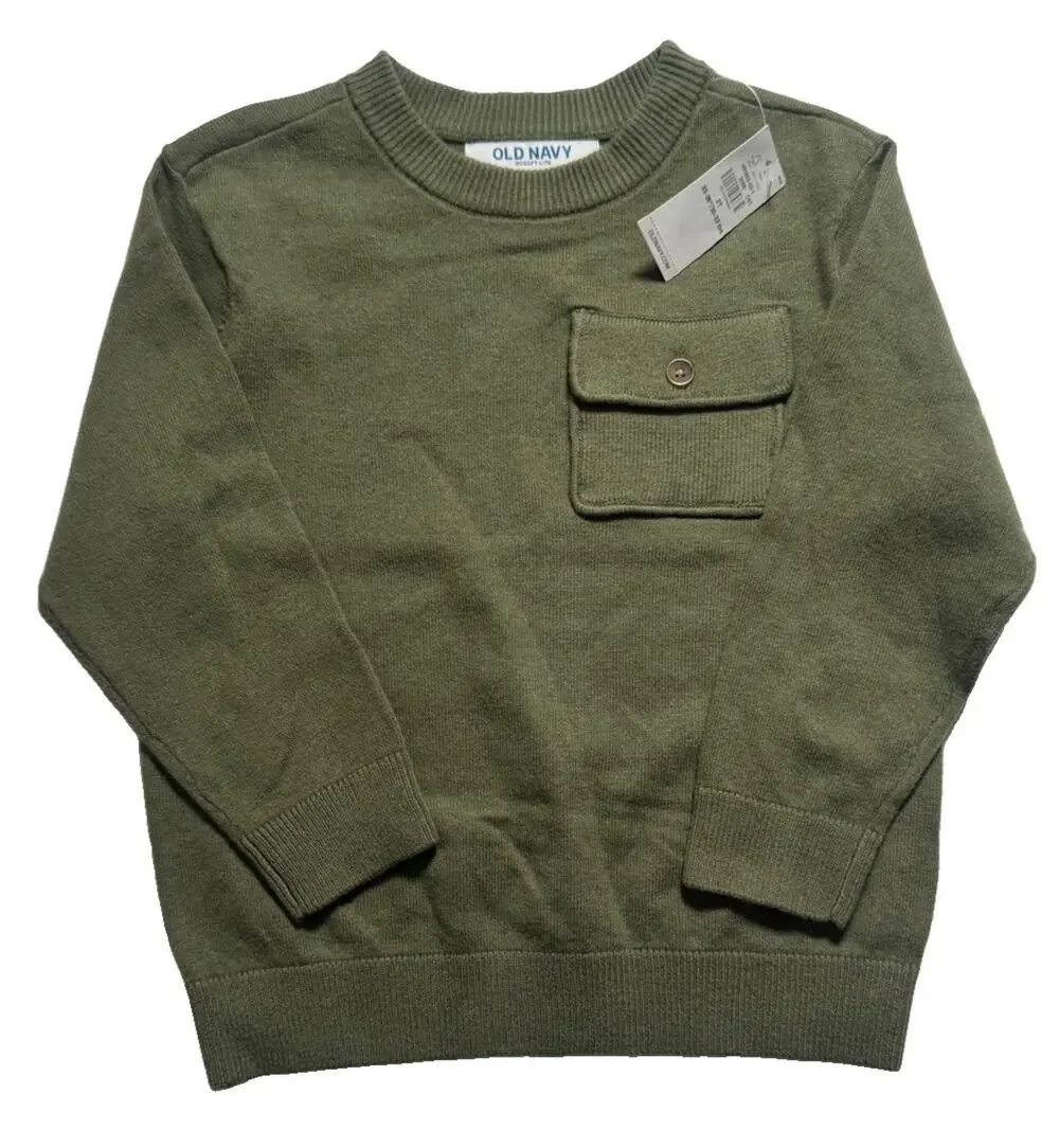 Old Navy SoSoft Lite Toddler Boys 2T Olive Green Crew Neck Sweater NWT Pocket